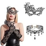 ASSUGO halloween steampunk damen zubehör 3 PCS, halloween kostüm damen armstulpen gothic netzhandschuhe, gothic schmuck Halskette, venezianische maske damen für Maskenball Karneval Maskerade