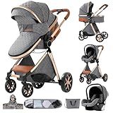 MoLi Kinderwagen 3 in 1, Kinderwagen mit Umkehrbarem Doppelschiebemodus, Buggy mit Großer Bequemer Babywanne, Kombikinderwagen 3 in 1 Rahmen Aluminiumlegierung Faltbar Hohe Landschaft (225 Grey)