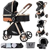 MoLi Kinderwagen 3 in 1, Kinderwagen mit Umkehrbarem Doppelschiebemodus, Buggy mit Großer Bequemer Babywanne, Kombikinderwagen 3 in 1 Rahmen Aluminiumlegierung Faltbar Hohe Landschaft (225 Black Gold)