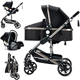 MoLi Kinderwagen 3 in 1, Kinderwagen mit Umkehrbarem Doppelschiebemodus, Buggy mit Großer Bequemer Babywanne, Kombikinderwagen 3 in 1 Rahmen Aluminiumlegierung Faltbar Hohe Landschaft (739 Black)