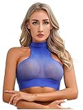 iEFiEL Damen Transparent Tanktop Nackholder Unterhemd Mesh Crop Top Bauchfrei Oberteile Kurz T-Shirts Glossy BH Bra Königsblau Einheitsgröße
