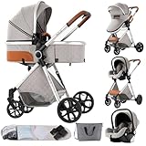 MoLi Kinderwagen 3 in 1, Kinderwagen mit Umkehrbarem Doppelschiebemodus, Buggy mit Großer Bequemer Babywanne, Kombikinderwagen 3 in 1 Rahmen Aluminiumlegierung Faltbar Hohe Landschaft(225 Silver Grey)