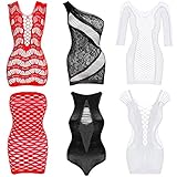 SATINIOR 6 Stück Damen Mesh Netz Kleidung Dessous Fischnetz Puppe Mini Kleid Mesh Bodysuit Nachtwäsche (Rot, Weiß, Schwarz)