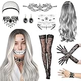 Perücke Halloween Damen 9er Set, 70cm Halloween Perücke Damen Grau, mit Haarnetz, Spitzenhandschuhe, Socken, Spitze Maske, Gotisch Halskette Armbänder, Tattoo Aufkleber und Gothic ohrringe.