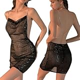 GKLWEJ Sexy Kleid Damen für Sex, Dessous Transparent, Glänzendes Neckholder Rückenfreies Minikleid mit G-String, Enges Unterwäsche Cosplay Erotische Kleider