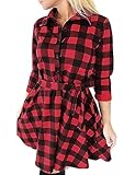 FANCYINN Blusenkleid Damen Kariert Langarm Hemdkleid Gestreift Kleid Lässige Kleidung mit Gürtel (rot, M)