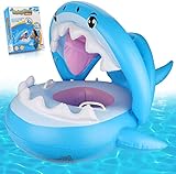 Weokeey Baby Schwimmring, Schwimmsitz mit Sonnenschutz Dach Schwimmreifen mit Glocken im Inneren Hai Schwimmring für Kinder ab 6 Monate bis 36 Monate, Blau