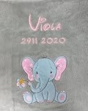 KIDDI-MEDIA Babydecke mit Name und Geburtsdatum Bestickt/kuschelig weich / 1A Qualität (Grau - Elefant)