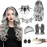 Perücke Halloween Damen 7er Set, 70cm Lang Wellte Lockig, mit Haarnetz, Spitzenhandschuhe, Spitze Maske, Gotisch Halskette Armbänder und Gothic Ohrringe für Cosplay, Karneval und Themenpartys (A)