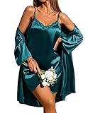Ekouaer Damen Satin Morgenmantel mit Sexy Nachthemd Zweiteiliger Negligee Set Babydoll Hausanzug Grün XL