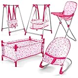 DeAO 5-in-1-Baby-Set mit Bett, Hochstuhl, Schaukel und Schaukelstuhl, Spielzeug (Puppe Nicht im Lieferumfang enthalten)