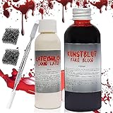 Kunstblut Halloween Schminke Latexmilch Makeup Set, Fake Blood mit 2 Schwamm Spatel kunstblutnarben Auswaschbar, Fake Blut Halloween Schminke Kunstblut Zombie Vampire Cosplay (100ml) (A)