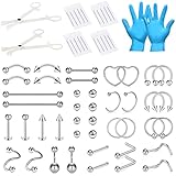 NIUSIMAN 66 Stück Piercing Set Chirurgenstahl mit Klemmhandschuhen Körperpiercing Werkzeugset für Bauchnabel Zunge Brustwarze Augenbraue Lippe Septum Nase Ohr Piercing-Silber