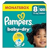 Pampers Windeln Größe 8, 120 Windeln, 17kg+ Baby-Dry, Bis zu 100% Auslaufschutz die ganze Nacht