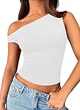 Haibang Damen T-Shirt Schulterfreies Oberteil Sexy Slim Fit Tank Top Y2k Off Shoulder Sommer Tops Asymmetrisch Cut Out Crop Top Aesthetic Streetwear
