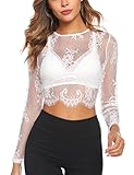 Wayleb Oberteile Damen Elegant Sexy Spitzenblusen Langarm Rundhals Spitze Mesh Tops Clubwear Langärmliges Shirt mit Reißverschluss, Weiß XL