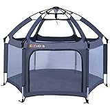 Laufstall Baby Faltbar mit Matratze, CutieClub Laufgitter Baby Pop-up Laufstall, Großer 6 Eckig Playpen mit Anti-UV-Überdachung Reiselaufstall mit Tragetasche für Haus,Garten,Strand Outdoor (Grau)