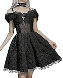 DINGJIUYAN Gothic A-Linie Plissee Swing Kleid Damen Sommer Lolita Neckholder Slip Kleider Y2K Retro Halloween Party Kleider, 5-schwarz, Medium