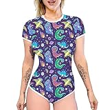 FYMNSI Damen ABDL Body Nette Einteiler Bodysuit Baumwolle Kurzarm T-Shirt Unterhemd Druckknöpfe im Schritt Karikatur Gedruckt Jumpsuit Playsuit Unterwäsche Nachthemd Pyjamas Nachtwäsche Dinosaurier L