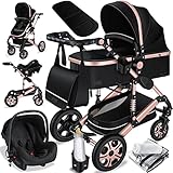 KESSER® Loops 3 in 1 Kinderwagen Kombikinderwagen Komplett-Set inkl. Babywanne & Buggy Sportsitz & Auto-Babyschale Voll-Gummireifen Wickeltasche Regenschutz Kindertisch ECE R129, Schwarz/Rosé Gold