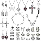 JeryWe 33 Stück Gothic Schmuck Set für Damen Herren Vintage SilberKette Ohrringe Fee Schmetterling Boho Kreuz Anhänger Herz Choker Goth Stapelbare Ringe Einstellbar Punk Grunge Y2K Schmuck
