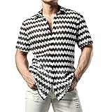 JOGAL Herren Hemd Transparent Kurzarm Freizeithemd Männer Spitzenhemd Sommer Lässig Lace Shirt Outfit Schwarz Weiß XL