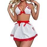 Satohom Damen Sexy Krankenschwester Kostüm Unterwäsche mit Schleife mit Minirock Neckholder Reizwäsche Babydoll Nachthemden Cosplay Uniform Dessous Versuchung Nachtwäsche Rückenfrei Negligee