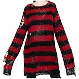 Strickpullover Frauen Punk Gothic Lange Pulli für Frauen Hohlloch Oberteile in kaputten Pulli Damen Strickpullover Knitted Pullover Rundhals Lange Ärmel Winter O Ausschnitt Tops Mode (Red, One Size)