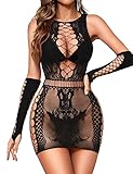 RSLOVE Damen Dessous Sexy Outfits Fischnetz Bodysuit mit Handschuhen Bodystocking Babydoll Schwarz Einheitsgröße