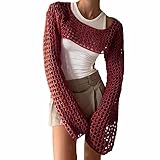 Gothic Crop Top Damen Crochet Gothic Kleidung Damen Netzoberteil Strick Sexy Elegant Gothic Kleidung Lässige Asymmetrisches Top Long Sleeve Damen Outdoor Netz Oberteil Frauen Rot,S