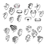 OUDQFCJ 24 Stück Verstellbare Gothic- und Punk-Ringe für Damen und Herren, Y2K-Ring mit Herzen, Schlangen, Blumen, Schmetterlingen, Sonne und Mond, Yin- und Yang-Design (Silber)