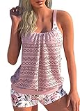 shownicer Damen Spitze Tankini Beachwear Einfarbig Push Up Zweiteilig Badeanzug Zweiteiliger Tankini Set Strand Schwimmanzug Swimsuits Bikini Tank Top und Shorts D Rosa L