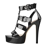 blingqueen Damen Plateau Sandalen T-Spange High Heels mit Nieten Lack Stiletto Absatz Sandaletten Schwarz 45 EU