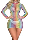 Mingnos Damen Buntes Netz Langarmkleid Bodycon Kleid Sexy Mesh Dessous Rave Outfit Partykleid Durchsichtige Tops Regenbogen