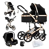 MoLi Kinderwagen 3 in 1, Kinderwagen mit Umkehrbarem Doppelschiebemodus, Buggy mit Großer Bequemer Babywanne, Kombikinderwagen 3 in 1 Rahmen Aluminiumlegierung Faltbar Hohe Landschaft (588 Noir Gold)