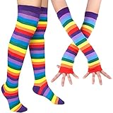 DRESHOW Kniestrümpfe Regenbogen Oberschenkel Hohe Socken Overknee Strümpfe Fingerlose Handschuhe Hülsen-Set für Damen Mädchen Party Stützen Kostüm Halloween