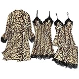 Schlafanzug Damen Satin Leopard - Satin Pyjama Damen 4-Teiliges Set, Sexy Spitze Kimono Robe Negligee Und Shorts Nachthemd Loungewear Weich Seide Zweiteiliger Hausanzug Silk Pjs Sets