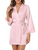 Clearlove Damen Kimono Robe Morgenmantel Satin Bademantel V-Ausschnitt Feder an den Manschetten Kimono(Rosa,XL)