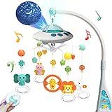 Eners Baby Mobile Babybett mit Musik und Lichtern, Bett Mobile Baby Mädchen Junge mit Fernbedienung, Spieluhr Baby Mobile für Bett，Stern und Mond Projektion, Baby Spielzeug 0 3 6 9 12 Monate (Blau)