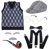 Alter Mann Kostüm für Kinder 100 Tage Schulkostüm für Jungen mit Hut Person Brille Weste Set Opa Kinder Opa Jungen Oma Cosplay