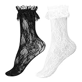 COMNICO Frauen Spitze Rüschen Socken, Sexy Mesh Socken Niedliche Prinzessin Socken für Frauen Mädchen Hochzeit Goth Halloween (Schwarz+weiß)