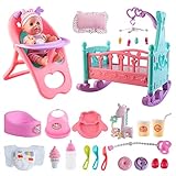 deAO 15-teiliges Spielset Meine erste Babypuppe mit einem Miniaturbett, einem mobilen Kinderbett, einem Hochstuhl, Fütterungszubehör und eine Babypuppe