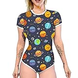 IBAKOM Damen Kurzarm Pyjama Body Niedlicher Print Einteiler Strampler Trikot Nachtwäsche Pyjamas Pj Teddy Overall Schlafanzug Oberteile Dunkelblau M