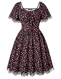 SCARLET DARKNESS Damen Viktorianische Blumenkleid Elegant Quadratischer Kragen Country Kleid Schwarz-Rosa Blumen L