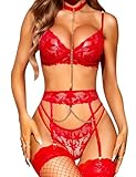 RSLOVE Damen Dessous Set Spitzen Unterwäsche Sexy Reizwäsche mit Strapsen BH und G-String mit Strumpfgürteln 3 Teilige Rot L