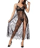 LINGERLOVE Sexy Dessous Lang Negligee Große Größen Spitze Kleid für Damen Transparent Nachtwäsche Langes Dessouskleid mit G-String