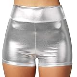 dressforfun 901007 Damen Metallic Hotpants, glänzende Shorts mit hoher Taille, eng anliegende Kurze Hose für Tanz Sport Disco Kostüm Fasching Karneval - Diverse Größen - (L | Silber | Nr. 303574)