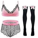 FEOYA Herren Sexy Dessous BH und Slips Strümpfe Set Spitze Kostüm Sissy Dessous Set Nachtwäsche Gay Crossdresser Transparente Unterwäsche Nachtwäsche Nachtwäsche 3-teilige Dessous Set Schwarz Rosa L