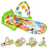 Aomig Piano-Gym Spieldecke, Krabbeldecke mit Musik und Lichtern, Spielmatte mit Spielbogen abnehmbarem Babyspielzeug, Bauchzeit Activity Decke für Kleinkinder ab der Geburt –Grüne Tierfamilie
