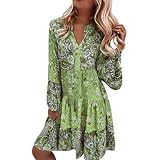 DeaAmyGline Sommerkleid Damen Knielang Boho Kleid Langarm Strandkleid Sommer Frühling Tunika Kleider Elegant Vintage Ethnic Blumen Druck Blusenkleid Midikleid Frühlingskleid Freizeitkleid für Fauen